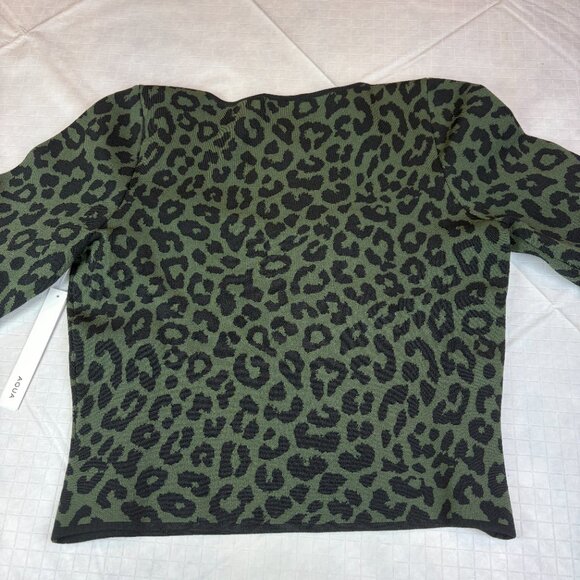 AQUA Leopard animal print Jacquard Long Sleeve Top Black and Green - Picture 4 of 11